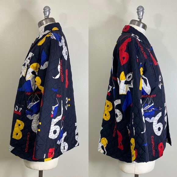 VINTAGE 100% SILK QUILTED PATTERNED NAUTICAL BUTTON UP JACKET WITH MATCHING SASH - Picture 3 of 17